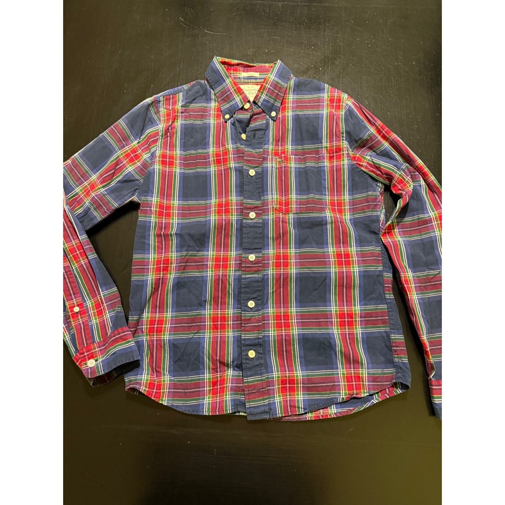 Abercrombie & Fitch Mens Muscle Fit Plaid Button Down Shirt Navy Red Green Med